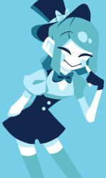  1girl blue_background blue_bow blue_hair blue_hat blue_shirt blush_stickers bow bowtie breasts closed_eyes colored_skin fake_type fingerless_gloves gloves hand_on_own_cheek hand_on_own_face hat hat_bow highres lc_unborn princess_(fake_type) puffy_short_sleeves puffy_sleeves shirt short_sleeves simple_background smile solo suspenders swept_bangs top_hat tophamhat-kyo white_skin 