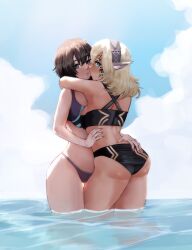  2girls ass black_eyes blue_eyes blue_sky brown_hair celica_(xenoblade_x) cloud elf erochi facial_tattoo headband highres hug kaijuu_no_kodomo multiple_girls ocean partially_submerged pointy_ears saliva saliva_trail short_hair sky swimsuit tattoo umi_(kaijuu_no_kodomo) xenoblade_chronicles_(series) xenoblade_chronicles_x yuri 