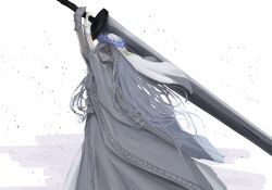  1girl absurdres blue_eyes blue_flower dress elden_ring elden_ring_nightreign flower flower_wreath head_wreath highres holding holding_sword holding_weapon huge_weapon long_hair looking_at_viewer revenant_(elden_ring) shaded_face sif221 simple_background solo sword veil weapon white_background white_dress white_hair white_veil 