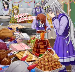  6+girls ahoge animal_ears apron aqua_hair bandana birthday black_hair blacky_ale_(umamusume) blonde_hair blue_eyes blue_hairband blush bow bowing bowtie braid brown_hair buffet carrot cellphone character_doll closed_eyes closed_mouth commentary confetti cooking_pot covering_own_mouth crossed_arms danshi_koukou_valentine_(meme) doll ear_bow ear_covers english_text food frilled_skirt frills frown gift giving gold_city_(umamusume) grey_hair grin hair_ornament hair_over_one_eye hairband happy_birthday highres holding holding_gift holding_phone holding_spatula holding_tongs holding_tray horse_ears horse_girl horse_tail horseshoe_ornament ikuno_dictus_(umamusume) inari_one_(umamusume) indoors kappougi long_hair long_sleeves medium_hair medium_skirt mejiro_ardan_(umamusume) meme miniskirt multiple_girls oguri_cap_(umamusume) paper_chain phone plate pleated_skirt purple_sailor_collar purple_shirt purple_skirt purple_thighhighs sailor_collar sakura_chiyono_o_(umamusume) salad sashiumito school_uniform shirt short_hair skirt smartphone smile spatula stew super_creek_(umamusume) sweatdrop table tail taking_picture takoyaki thighhighs tongs tracen_school_uniform tray twintails twitter_username umamusume umamusume:_cinderella_gray white_bandana white_bow white_bowtie yaeno_muteki_(umamusume) 