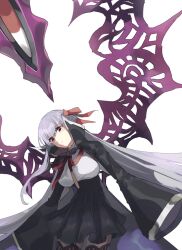 1girl ayanolity bb_(fate) bb_(fate/extra) black_coat breasts brown_eyes coat commentary_request fate/extra fate/extra_ccc fate_(series) hair_ribbon head_tilt high-waist_skirt large_breasts long_hair miniskirt narrow_waist pleated_skirt purple_hair ribbon skirt sleeves_past_fingers sleeves_past_wrists solo very_long_hair 