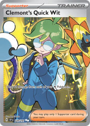  1boy ahoge artist_name backpack bag blonde_hair blue_jumpsuit card_(medium) character_name clemont_(pokemon) closed_mouth company_name copyright_name copyright_notice electricity english_text glasses hand_on_own_chin jumpsuit long_sleeves male_focus mechanical_arms nintendo official_art opaque_glasses pokemon pokemon_card pokemon_tcg pokemon_xy radar_dish round_eyewear saitou_naoki short_hair single_mechanical_arm smile solo third-party_source trading_card 