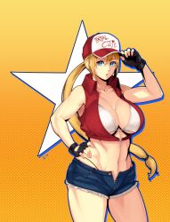  1girl baseball_cap blonde_hair blue_eyes breasts cutoffs denim denim_shorts fatal_fury fingerless_gloves gloves hat hero_(do-belman) highres jacket large_breasts lips long_hair looking_at_viewer navel open_mouth ponytail shorts snk_heroines:_tag_team_frenzy solo terry_bogard thong 