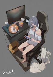  1girl bag bandaid bandaid_on_knee bandaid_on_leg bare_legs box breasts cardboard_box cat chair chopsticks cleavage commentary computer computer_mouse cup cup_ramen drink exia_(nikke) feet food gaming_chair goddess_of_victory:_nikke grey_hair handheld_game_console headset highres long_hair looking_at_object monitor shirt signature sleeping_animal swivel_chair vinnie_cheeks white_shirt 