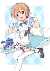  1girl apron black_shoes blue_bow blue_dress blush border bow dress dress_bow foot_out_of_frame gloves hands_up hashtag-only_commentary heart highres hoshizora_rin leg_up looking_at_viewer love_live! love_live!_school_idol_project open_mouth orange_hair outside_border paw_pose paw_print plaid_bow puffy_short_sleeves puffy_sleeves sen_(sen0910) shoes short_hair short_sleeves smile solo standing standing_on_one_leg thighhighs white_apron white_border white_gloves white_thighhighs yellow_eyes 