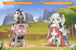  4girls absurdres all_fours animal_ears aqua_eyes aqua_hair bandaid_on_horn black_headband black_skirt blue_gemstone bracelet braid breasts circlet cliff cow_ears cow_girl cow_horns cow_tail crop_top cross-shaped_pupils dark-skinned_female dark_skin detached_sleeves ear_bell eye_mask fake_horns from_side full_body gem genshin_impact gladiator_sandals glowing glowing_eyes gradient_hair grass green_eyes green_hair hair_between_eyes hair_ornament hairband harem_outfit headband health_bar highres holding_another&#039;s_horns horns iansan_(genshin_impact) jewelry jhp987 leaf_hair_ornament long_hair long_sleeves looking_at_another low_twin_braids low_twintails medium_breasts multicolored_hair multicolored_hairband multiple_girls nahida_(genshin_impact) nilou_(genshin_impact) on_ground open_mouth outdoors pink_hair pink_mask pink_tail pointing pointing_at_another pointy_ears puffy_long_sleeves puffy_sleeves red_hair sandals side_ponytail skirt skull_on_head standing_on_person streaked_hair symbol-shaped_pupils tail trait_connection tree twin_braids twintails varesa_(genshin_impact) veil very_long_hair white_hair white_veil yellow_sleeves 