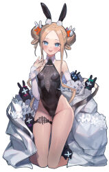  1girl abigail_williams_(fate) animal_ears bare_shoulders black_leotard blonde_hair blue_eyes blush bow breasts coat detached_sleeves double_bun fake_animal_ears fate/grand_order fate_(series) forehead hair_bow hair_bun highleg highleg_leotard kneeling leotard long_hair looking_at_viewer mins_(minevi) off_shoulder open_mouth orange_bow parted_bangs playboy_bunny rabbit_ears sidelocks small_breasts smile solo white_coat  rating:Sensitive score:2 user:danbooru