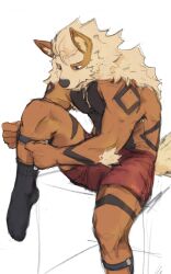 1boy abs absurdres animal_ears arcanine artist_name bara black_socks boxers closed_mouth commentary dated_commentary english_commentary furry furry_male garter_straps gen_1_pokemon highres male_focus male_underwear muscular muscular_male nintendo pectorals pokemon pokemon_(creature) red_male_underwear sitting sketch smile socks sreyel tail topless_male underwear white_background
