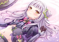  1girl black_hat blush breasts brown_gloves closed_mouth gloves grey_shirt hat hololive long_hair lying murasaki_shion murasaki_shion_(1st_costume) navel on_back sakura_hiyori shiokko_(murasaki_shion) shirt small_breasts smile solo tears unworn_hat unworn_headwear very_long_hair virtual_youtuber witch_hat yellow_eyes 