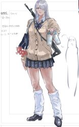  1girl ak-15_(girls&#039;_frontline) alternate_costume blue_skirt brown_cardigan cardigan drink girls&#039;_frontline grey_hair hair_over_one_eye holding holding_drink loose_socks osakana_(denpa_yun&#039;yun) purple_eyes school_uniform skirt socks solo translation_request white_socks 