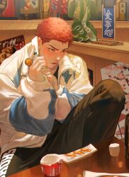 1boy black_pants blue_jacket holding holding_phone jacket jewelry jnkku male_focus multicolored_jacket open_mouth pants phone red_hair ring sakuragi_hanamichi short_hair slam_dunk_(series) solo talking_on_phone white_jacket rating:General score:5 user:danbooru