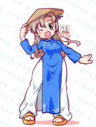  1girl ao_dai artist_logo blue_dress conical_hat dated dress full_body green_eyes grey_hair hat kantai_collection kinugasa_(kancolle) kinugasa_kai_ni_(kancolle) kutone_shirika logo long_hair one_eye_closed one_side_up open-toe_shoes open_mouth pants rice_hat side_slit simple_background smile solo vietnamese_clothes watermark white_background white_pants 