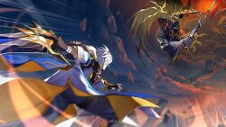  2boys antenna_hair armor black_cloak black_gloves black_pants black_shirt blue_cape cape clawed_gauntlets cloak coat commentary dark_persona dual_persona english_commentary fighting_stance fingerless_gloves flame_reaver_of_the_deepest_dark gloves highres honkai:_star_rail honkai_(series) hood hood_up hooded_cloak male_focus mask moonya multiple_boys pants pauldrons phainon_(honkai:_star_rail) shirt short_hair shoulder_armor single_glove single_pauldron white_coat white_hair 