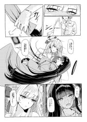  1boy 2girls blue_archive blunt_bangs blush bow braid coat doodle_sensei_(blue_archive) embarrassed falling gloves greyscale hair_behind_ear hair_bow hair_ornament hairclip halo highres holding_another&#039;s_wrist long_hair looking_at_another monochrome multiple_girls no_shirt rio_(blue_archive) sensei_(blue_archive) shirt short_hair shougun_(chuckni1) toki_(blue_archive) trench_coat 