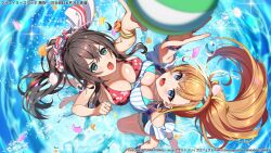  2girls anklet aqua_bikini aqua_eyes aqua_hair arm_up artist_request assault_lily ball barefoot beachball bikini bikini_under_clothes black_hairband blonde_streaks blue_eyes blue_shorts blush bracelet breast_press breasts brown_hair cleavage clenched_hand commentary_request copyright_notice cutoffs day falling_petals floral_print flower foreshortening from_above hair_between_eyes hair_ornament hair_scrunchie hairband halterneck hand_up high_ponytail jewelry kariya_higure large_breasts leg_up long_hair looking_at_object looking_up lower_teeth_only midair multicolored_hair multiple_girls necklace off-shoulder_shirt off_shoulder official_alternate_costume official_alternate_hairstyle official_art open_mouth orange_flower orange_hair outdoors outstretched_arm pearl_necklace petals playing_sports ponytail print_bikini reaching red_bikini red_scrunchie ring scrunchie serizawa_chikaru shirt short_sleeves shorts sparkle splashing streaked_hair striped_clothes striped_shirt studded_bracelet suspenders swimsuit symmetrical_docking teeth two-tone_hair two-tone_hairband two-tone_scrunchie v-shaped_eyebrows vertical-striped_clothes vertical-striped_shirt very_long_hair water white_scrunchie white_shirt wrist_flower 