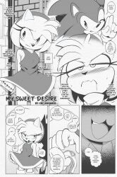  4koma amy_rose blush boots comic dress embarrassed euf-dreamer eyelashes fangs gloves hairband hedgehog hiding highres loli medium_hair no_panties one_eye_closed panties saliva sega sonic_(series) sonic_the_hedgehog spiked_hair standing tail underwear unworn_panties wink 
