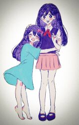  2girls aubrey_(headspace)_(omori) aubrey_(omori) barefoot blue_shirt blush bow bright_pupils closed_eyes collared_shirt colored_skin hair_bow highres hug long_hair long_shirt looking_at_another mari_(headspace)_(omori) mari_(omori) mkn364 multiple_girls neckerchief omori open_mouth pink_bow pleated_skirt purple_eyes purple_hair purple_shoes purple_sweater_vest red_neckerchief red_skirt shirt shoes short_sleeves simple_background skirt smile sweater_vest t-shirt upper_body white_background white_pupils white_shirt white_skin 