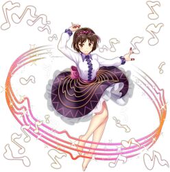  1girl barefoot black_skirt brown_eyes brown_hair closed_mouth feet frilled_skirt frills full_body game_cg hairband highres legs long_sleeves looking_at_viewer musical_note official_art pink_hairband rotte_(1109) shirt short_hair skirt smile solo third-party_source toes touhou touhou_lostword tsukumo_yatsuhashi white_background white_shirt 