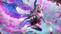  1girl absurdres bare_shoulders breasts cherry_blossoms cleavage closed_mouth colored_sclera detached_sleeves dual_wielding facial_mark falling_petals feather_hair_ornament feathers flower flying hair_ornament highres holding holding_sword holding_weapon ina_wong japanese_clothes kayle_(league_of_legends) kimono league_of_legends no_pupils official_alternate_costume official_art outdoors petals pink_flower pink_sclera pointy_ears purple_thighhighs solo spirit_blossom_(league_of_legends) spirit_blossom_kayle sword thighhighs water waterfall weapon white_hair wings 