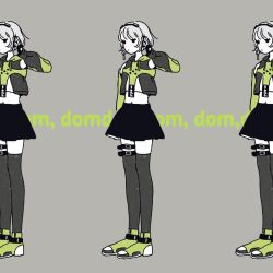  1girl anby_demara belt black_eyes black_hoodie black_skirt black_thighhighs blush braid bucket_hat_(buckethat_chan) closed_mouth commentary_request cropped_hoodie cropped_shirt detached_sleeves expressionless full_body green_shoes grey_background grey_hair hand_on_headphones hand_up highres hood hoodie looking_ahead midriff multiple_views navel recurring_image shirt shoes short_hair side_braid simple_background skirt sleeveless sleeveless_hoodie standing thigh_belt thigh_strap thighhighs white_shirt zenless_zone_zero 