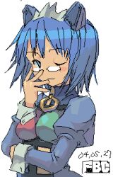  1girl 2004 2k-tan ;3 artist_name blue_eyes blue_hair breasts closed_mouth commentary_request dated fbc glasses hand_up headgear jaggy_lines juliet_sleeves long_sleeves lowres maid_headdress medium_breasts one_eye_closed os-tan puffy_sleeves short_hair simple_background sleeve_cuffs solo white_background white_sleeve_cuffs 