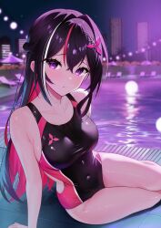 1girl absurdres alternate_costume arm_support asymmetrical_sidelocks azki_(hololive) black_hair black_one-piece_swimsuit blurry blurry_background braid breasts collarbone colored_inner_hair commentary_request competition_swimsuit covered_navel crossed_bangs double-parted_bangs hair_intakes hair_ornament hairclip half_up_braid highres hololive large_breasts long_hair looking_at_viewer multicolored_hair night one-piece_swimsuit outdoors pink_hair pout purple_eyes sidelocks sitting solo streaked_hair swimsuit telu_(teluscarlet) very_long_hair virtual_youtuber white_hair yokozuwari