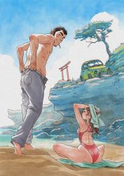  1boy 1girl arm_hair arms_up arsene_lupin_iii ass barefoot beach black_hair blue_sky blush breasts brown_hair butterfly_sitting car cliff cloud david_tako drying drying_hair drying_own_hair earrings facial_hair fiat_500 from_behind goatee_stubble hand_hair highres hill jewelry long_hair looking_at_viewer lupin_iii median_furrow medium_breasts mine_fujiko mole mole_on_cheek mole_on_neck mole_on_shoulder motor_vehicle on_ground one-piece_swimsuit open_pants outdoors pants pants_lift red_one-piece_swimsuit rock sand short_hair signature sitting sky smirk sparse_chest_hair stubble swimsuit tan tanline thick_thighs thighs topless_male torii traditional_media tree unlit_cigarette_in_mouth water yellow_car 