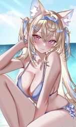  1girl animal_ear_fluff animal_ears bandaid bandaid_hair_ornament bikini blonde_hair blue_bikini blue_hairband blush breasts closed_mouth commentary dog_ears dog_girl fang fuwawa_abyssgard hair_ornament hairband highres hololive hololive_english horn_hairband knee_up large_breasts long_hair looking_at_viewer multicolored_hair ocean outdoors pink_eyes side-tie_bikini_bottom sitting solo ssiiiyyaa streaked_hair swimsuit virtual_youtuber 