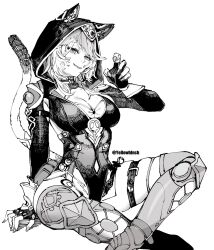  1girl animal_ears animal_hood artist_name belt boots breasts cat_ears cat_girl cat_hood cipher_(honkai:_star_rail) cleavage commentary_request ears_through_hood fingerless_gloves gloves greyscale highres honkai:_star_rail honkai_(series) hood hooded_leotard looking_at_viewer medium_breasts medium_hair mole mole_on_chest monochrome open_mouth otimusyairoha simple_background sitting smile solo thigh_belt thigh_strap twitter_username white_background 