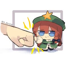  1girl 7-mirano artist_name beret black_ribbon black_shoes blue_eyes blush braid character_doll chinese_clothes clenched_hand collared_shirt doll fist_bump frilled_shirt frilled_sleeves frills fumo_(doll) green_hat green_jacket hair_between_eyes hair_ribbon hat hat_ornament highres hong_meiling jacket long_hair pants puffy_short_sleeves puffy_sleeves red_hair ribbon shirt shoes short_sleeves simple_background star_(symbol) star_hat_ornament stuffed_toy touhou twin_braids twitter_username white_background white_pants white_shirt 