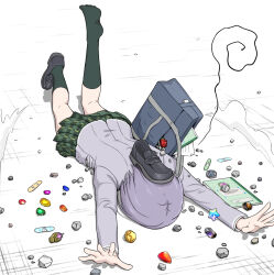  1girl anglediana bag bang_dream! bang_dream!_it&#039;s_mygo!!!!! blazer chinese_commentary commentary_request fallen_down gameplay_mechanics green_eyes green_socks grey_hair grey_jacket haneoka_school_uniform jacket kneehighs long_hair lying notebook on_stomach plaid_clothes plaid_skirt pleated_skirt purple_hair revision school_uniform shoes short_hair single_shoe skirt socks solo takamatsu_tomori 