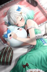  1girl absurdres ahoge bare_shoulders blue_bow bow closed_eyes dress frilled_dress frilled_pillow frills ghostenjoyerguy7007 green_dress green_hair hair_bow hair_ornament hashtag-only_commentary highres hugging_object indie_virtual_youtuber lying mint_fantome mint_fantome_(minto_2.0) multicolored_hair on_side open_mouth pillow pointy_ears short_hair sleeping solo strap_slip stuffed_animal stuffed_toy triangular_headpiece virtual_youtuber white_hair wisps_(mint_fantome) x_hair_ornament 