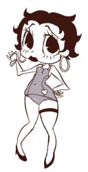  1girl betty_boop betty_boop_(character) black_eyes black_hair black_lips blush bracelet breasts earrings hand_on_own_hip heart heart_print high_heels hoop_earrings jewelry k-nattoh looking_at_viewer monochrome one-piece_swimsuit print_swimsuit school_swimsuit shoes short_hair small_breasts standing swimsuit thigh_strap waving 