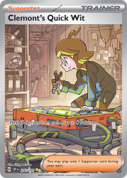  1boy ahoge artist_name blonde_hair blue_jumpsuit cable card_(medium) character_name clemont_(pokemon) closed_mouth company_name copyright_name copyright_notice door english_text glasses glowing holding holding_wrench indoors jumpsuit long_sleeves machine male_focus mizuno_shinya nintendo official_art pokemon pokemon_card pokemon_tcg pokemon_xy round_eyewear shelf short_hair smile solo third-party_source trading_card wrench 