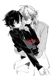  2boys black_gloves black_hair earrings gloves greyscale gun handgun highres hug hug_from_behind jewelry long_sleeves looking_at_viewer male_focus mole mole_under_eye monochrome multiple_boys necklace one_eye_closed original qyzhiaiyisheng sample_watermark shirt short_hair simple_background sketch smile spot_color striped_clothes striped_shirt watermark weapon white_background yaoi 