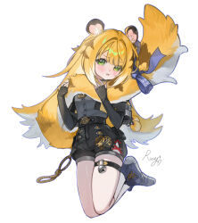  1girl :i animal_ears artist_name black_gloves black_shorts blonde_hair blue_bow bow breasts commentary english_commentary fingerless_gloves full_body gloves green_eyes grey_shirt highres hugging_own_tail hugging_tail ju_fufu long_hair looking_at_viewer lovieruby making-of_available pout shirt shoes shorts signature simple_background sneakers solo striped_hair tail tail_bow tail_ornament tiger_ears tiger_girl tiger_stripes white_background zenless_zone_zero 