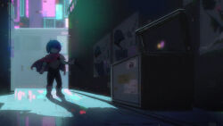  1boy 1other ad alley aqua_skin armor blue_hair breastplate cape city_lights colored_skin deltarune different_shadow dumpster expressionless gauntlets glitch gloves glowing glowing_eyes glowing_glasses hand_on_wall hiding highres kris_(dark_world)_(deltarune) kris_(deltarune) leg_armor neon_lights pauldrons peeking_out pink_cape poleyn poster_(object) puddle reflection reflective_water shaded_face shadow shoulder_armor soul_(deltarune) spamton_g._spamton two-tone_eyewear uri_(365mimimi) walking wet_floor white_gloves 