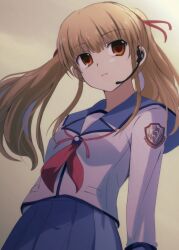 1girl angel_beats! blonde_hair blue_skirt blunt_bangs closed_mouth commentary_request cowboy_shot expressionless eyes_visible_through_hair floating_hair from_below hair_ribbon highres lelie_(lelie_link) long_sleeves looking_ahead neckerchief orange_eyes pink_neckerchief pleated_skirt red_ribbon ribbon shinda_sekai_sensen_uniform shirt sidelocks simple_background skirt solo split_mouth twintails white_shirt yellow_background yusa_(angel_beats!)