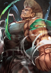  1boy american_flag blonde_hair capcom capcom_cup clenched_hands dog_tags energy_ball flattop guile hungry_clicker male_focus manly muscular shockwave shoulder_tattoo solo sonic_boom_(speed) sonic_boom_(street_fighter) street_fighter street_fighter_v tank_top tattoo umehara_daigo 