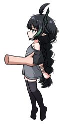  1girl ahoge black_hair black_socks blush disembodied_hand elf elfinpsyop green_eyes green_hair indie_virtual_youtuber lifting_person loli morebreasts picking_up pointy_ears size_difference socks trollface virtual_youtuber  rating:Questionable score:59 user:tyciol