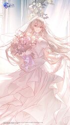  1girl azur_lane bare_shoulders bouquet breasts bridal_veil closed_mouth commentary dress english_commentary enterprise_(azur_lane) enterprise_(starlight_oath)_(azur_lane) flower gloves hair_between_eyes highres holding holding_bouquet kei_(keiuu) large_breasts long_hair looking_at_viewer official_alternate_costume official_art smile solo standing veil very_long_hair wedding_dress white_dress white_gloves  rating:General score:5 user:danbooru