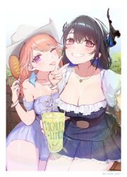 2girls ;p absurdres black_hair blue_hair breasts cauli corn_dog crazy_straw cup demon_horns disposable_cup dress drinking_straw earrings feather_earrings feathers hat highres holding holding_cup hololive hololive_english horns jewelry large_breasts looking_at_viewer medium_breasts multicolored_hair multiple_girls nerissa_ravencroft one_eye_closed orange_hair purple_eyes red_eyes short_dress sitting takanashi_kiara teeth tongue tongue_out two-tone_hair virtual_youtuber white_hat 