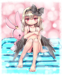  air_mattress ajitarou_(setsu) bikini black_bikini black_hairband black_ribbon black_wings blonde_hair dark_feather_alma emil_chronicle_online hairband highres jitome loli looking_at_viewer micro_bikini navel pointy_ears red_eyes ribbon sitting stuffed_toy swimsuit wings 