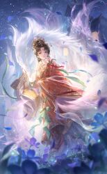  1girl aqua_bow architecture artist_request bead_choker beads black_hair blue_flower bow brown_eyes castle chinese_clothes closed_mouth crown dawn_golden_palace_(shining_nikki) earrings east_asian_architecture eyelashes facial_mark feet_out_of_frame field flame_print flower flower_field forehead_mark forget-me-not_(flower) frilled_hanfu frills game_cg ghost gold_crown gold_earrings hair_bun hanfu happy highres jewelry jiang_yuan_(shining_nikki) kitsune lantern light_particles lipstick long_sleeves makeup medium_hair night night_sky nikki_(series) official_art outdoors paper_lantern parted_bangs petals petting pinching_sleeves pink_lips purple_flower red_hanfu shining_nikki single_earring single_hair_bun sky sleeves_past_wrists smile solo sparkle star_(sky) starry_sky traditional_youkai updo wide_sleeves 