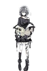  ... 1boy 1girl @_@ animal_ears arknights belt black_belt black_hair black_shirt black_shoes black_skirt blue_eyes choker dizzy doctor_(arknights) dog_boy dog_ears dog_tail eyewear_on_head feather_hair frilled_headband full_body hair_between_eyes hair_ornament hairclip highres holding holding_stuffed_toy jacket jacket_on_shoulders la_pluma_(arknights) looking_at_viewer off_shoulder open_clothes open_jacket plaid_clothes plaid_skirt rabbit shirt shoes sidelocks skirt speech_bubble standing striped_clothes stuffed_toy sunglasses tail tequila_(arknights) thigh_strap thighhighs torn_clothes torn_thighhighs umogame 