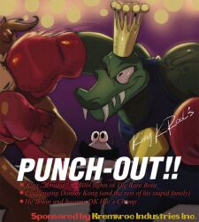  2boys boxing boxing_gloves boxing_ring crocodilian crown donkey_kong donkey_kong_(series) donkey_kong_64 fangs gorilla in_the_face king_k._rool male_focus multiple_boys nintendo poster_(medium) punch-out!! punching todd_l._milhouse veins veiny_arms 