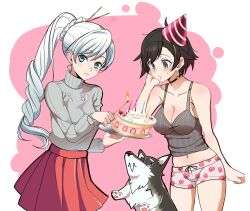  2girls absurdres birthday_cake black_choker black_hair blue_eyes breasts cake camisole candle choker cleavage dog earrings floral_print food fruit grey_camisole grey_eyes grey_sweater happy_birthday hat high_ponytail highres holding holding_tray jewelry krius_ol long_hair looking_at_food looking_at_viewer medium_breasts multiple_girls party_hat ponytail red_skirt rose_print ruby_rose rwby scar scar_across_eye scar_on_face short_hair short_shorts shorts skirt strawberry sweater tray turtleneck turtleneck_sweater very_long_hair weiss_schnee welsh_corgi white_hair zwei_(rwby) 