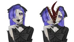  1girl black_dress dress gothic_lolita guro hand_on_own_face highres krmlkx lolita_fashion looking_at_viewer maid_headdress monster_girl original pale_skin portrait purple_eyes purple_hair saliva smile teeth tongue 