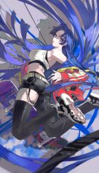  1girl absurdly_long_hair absurdres ass asymmetrical_clothes belt black_thighhighs blue_eyes blue_hair blue_jacket blue_nails breasts buri_(retty9349) crop_top floating_hair from_side high_tops highres jacket jumping large_breasts long_hair long_sleeves looking_at_viewer multicolored_jacket nail_polish off_shoulder open_clothes open_jacket original parted_lips red_jacket shirt shoes single_pantsleg skateboard sneakers solo thighhighs two-sided_fabric two-sided_jacket two-tone_jacket very_long_fingernails very_long_hair white_belt white_shirt 