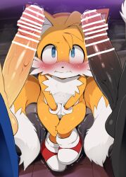  3boys @_@ animal_ears bar_censor between_legs blue_eyes blush censored closed_mouth covering_crotch covering_privates dagasi erection fox_boy fox_ears fox_tail furry furry_male hand_between_legs highres male_focus multiple_boys multiple_tails penis penis_awe shadow_the_hedgehog shoes shota sitting sonic_(series) sonic_the_hedgehog sweat tail tails_(sonic) trembling veins veiny_penis yaoi yellow_fur 
